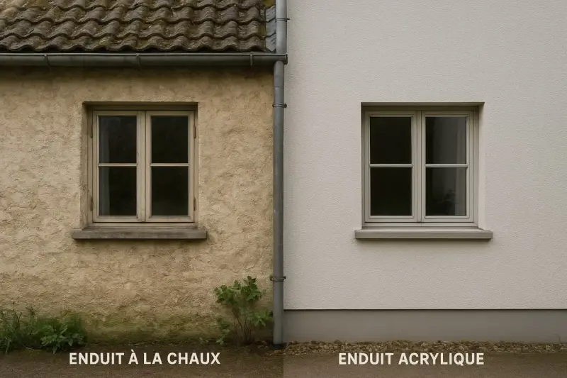 Comparaison de deux façades : un mur à la chaux texturé et un mur acrylique lisse, avec des fenêtres similaires.