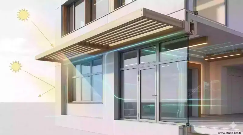 Le soleil frappe un bâtiment moderne. Une casquette de bâtiment protège les fenêtres du soleil, tandis que des flux d'air verts indiquent la ventilation.
