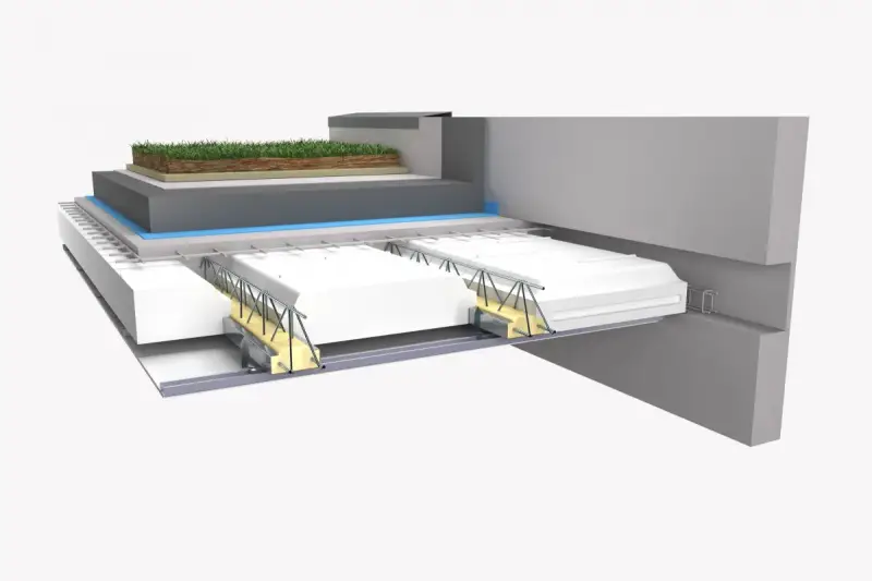 Coupe d'un toit végétalisé montrant des hourdis béton, des isolants et une structure métallique.