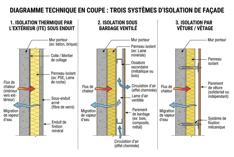 Diagramme comparant trois systèmes d'isolation de façade : ITE sous enduit, bardage ventilé et vêture. L'isolation sous enduit présente un flux de chaleur et une migration de vapeur d'eau.