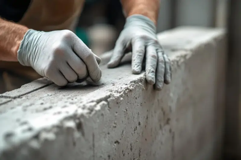 Mains gantées travaillant sur un linteau en béton brut. La texture granuleuse du matériau est visible, suggérant un travail de finition minutieux.