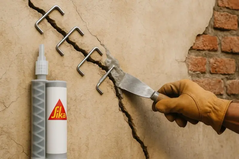 Réparation d'un enduit fissure extérieur avec des agrafes métalliques et un produit Sika. Un artisan applique le mortier.