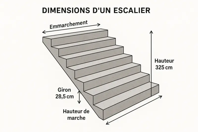 Schéma des dimensions d'un escalier extérieur. La profondeur de marche (giron) est de 28,5 cm. La hauteur totale est de 325 cm.