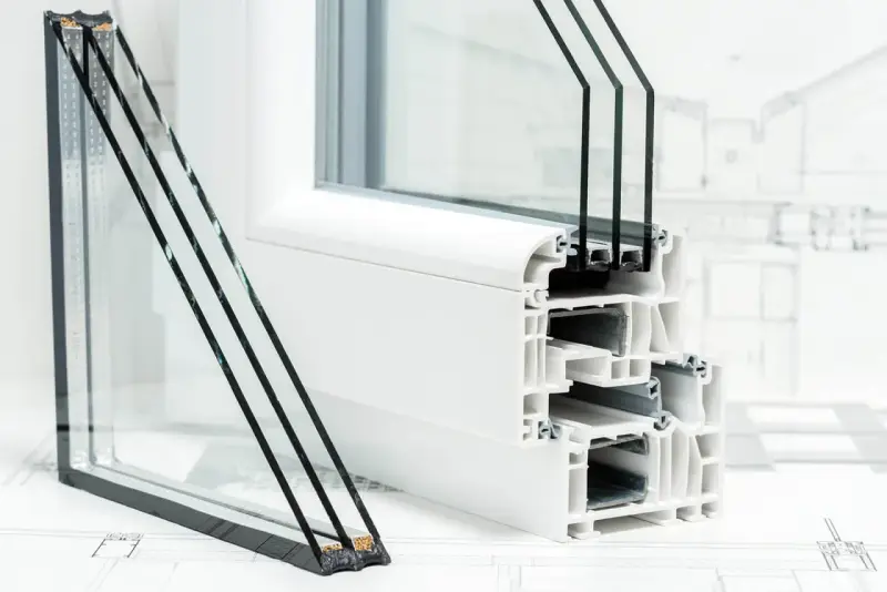 Section d'une fenêtre blanche montrant le profilé et le **triple vitrage** pour une isolation optimale.