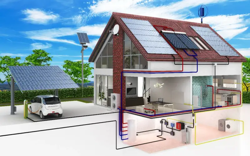 Maison passive avec panneaux solaires, borne de recharge pour voiture électrique, et système de chauffage/refroidissement intégré.