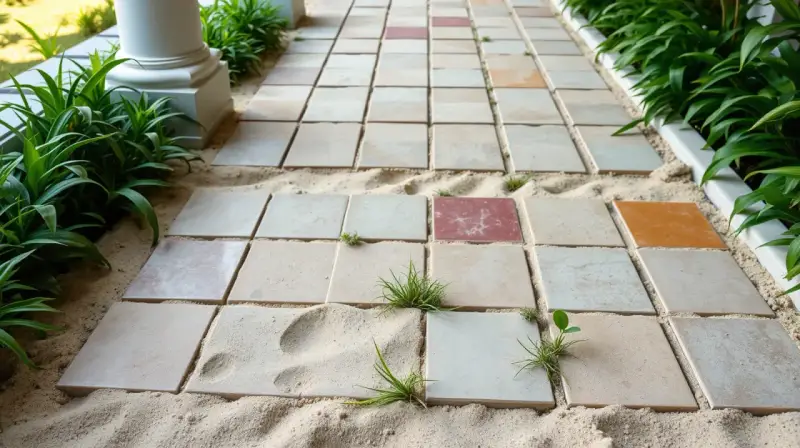 Chemin de dalles carrées sur du sable, avec des brins d'herbe poussant entre elles. L'épaisseur du lit de sable pour dalle est visible.