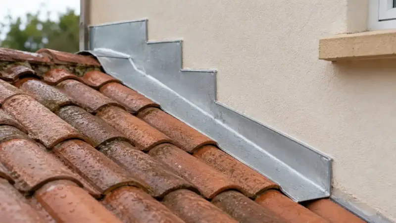 Détail d'une pose de solin en zinc contre un mur, protégeant les tuiles de la pluie.