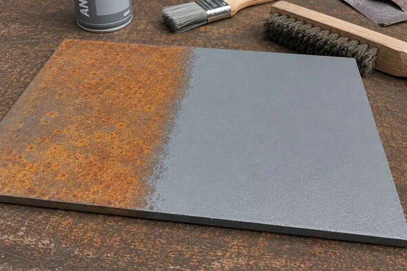 Plaque métallique rouillée d'un côté, traitée et grise de l'autre. Un pinceau et une brosse métallique montrent comment enlever la rouille.